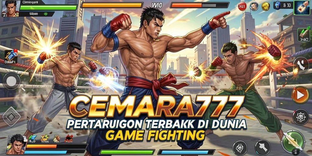 Tampilan gameplay seru CEMARA777 dengan karakter bertarung intens.