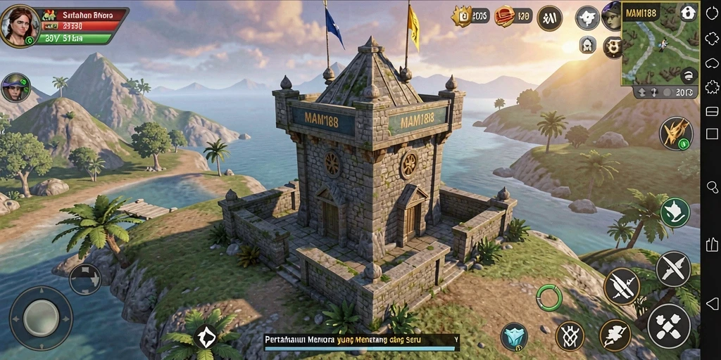 Screenshot menunjukkan menara yang siap berperang melawan gelombang musuh.