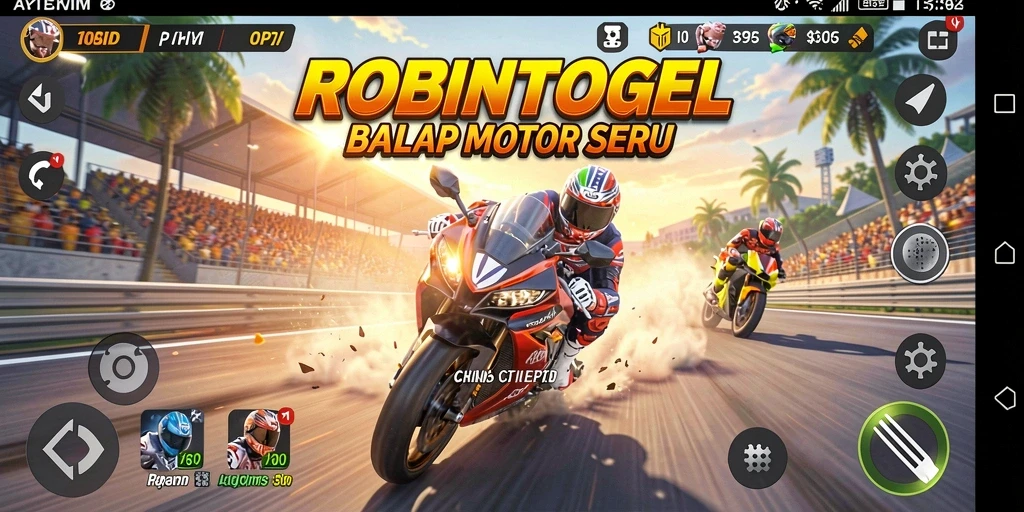 Screenshot gameplay <strong>ROBINTOGEL</strong> menunjukkan aksi balapan motor yang mendebarkan.