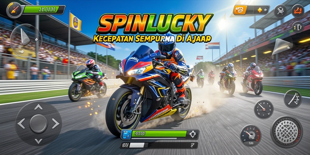 Tampilan utama gameplay SPINLUCKY dengan aksi balap motor yang intens.