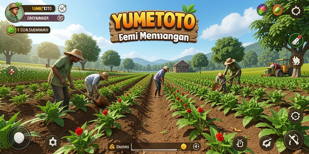 Tangkapan layar gameplay YUMETOTO menunjukkan kebun yang subur dan berwarna-warni.